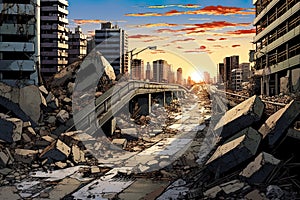 aftermath of an earthquake in an urban setting, emphasizing the devastation of city streets and buildings reduced to rubble. photo