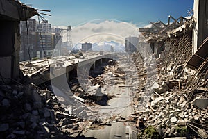 aftermath of an earthquake in an urban setting, emphasizing the devastation of city streets and buildings reduced to rubble. photo