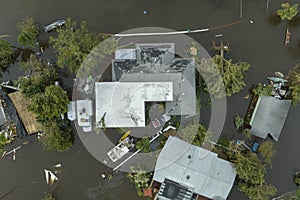 Aftermath of natural disaster. Flooded houses by hurricane Ian rainfall in Florida residential area