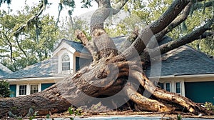 Aftermath of a Storm, a Large Tree Has Fallen on a House, Causing Damage and Destruction