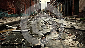 In the aftermath of a storm a narrow street is lined with cracked and buckled pavement. The once orderly rows of bricks