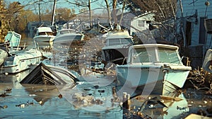 In the aftermath of a storm surge a coastline is transformed into a chaotic landscape of overturned boats flooded homes