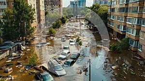 Aftermath of Urban Flooding: Debris and Damage. Devastating aftermath of urban flooding, showing a residential street