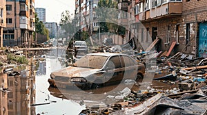 Aftermath of Urban Flooding: Debris and Damage. Devastating aftermath of urban flooding, showing a residential street