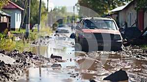 Aftermath of Urban Flooding: Debris and Damage. Devastating aftermath of urban flooding, showing a residential street