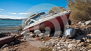 Aftermath of watercraft collision wreckage from boating accident.AI Generated