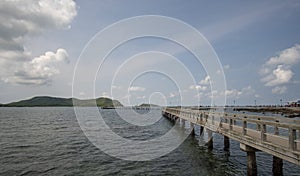 Afternoon atmosphere, bright sky of the bridge across the pier from Sattahip to Koh Kham and Samae San Island