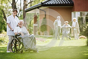 Afternoon in the garden of nursing home for elderly