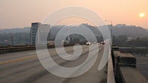 Afternoon Haze and air pollution on Ross Island Bridge in Portland Oregon due to forest wildfires at Sunset 1080p