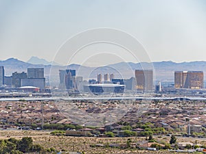 Afternoon high angle view of the Las Vegas Strip skyline and cityscape