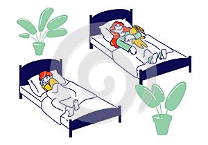 Afternoon Nap Time, Little Kids Sleeping in their Beds in Montessori Kindergarten or Elementary School. Kids Rest