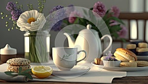 Afternoon set up of classic tea on ceramic marble table decorated with spring flowers and dessert, hot tea on the cup, popular