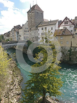 Afternoon spring view of the river Aare, bridge, Brugg