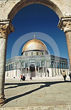 The afternoon sun shines on the golden Dome of the Rock and church steeples on the skyline of the Old City of Jerusalem