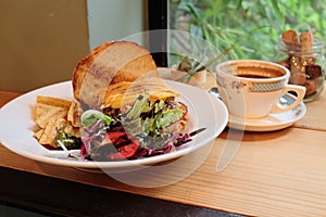 Afternoon tea of burger with coffee