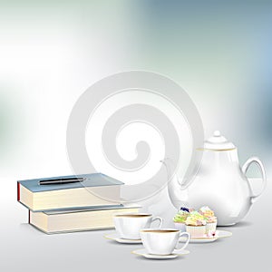 Afternoon tea or coffee set with books photo