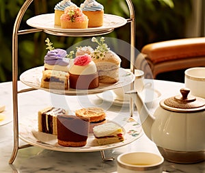 Afternoon tea in the restaurant garden, English tradition and luxury service, tea cups, cakes, scones, sanwiches and desserts,