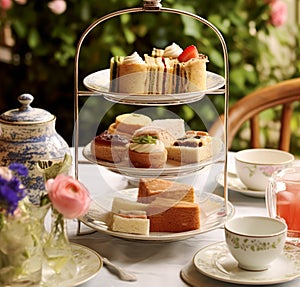 Afternoon tea in the restaurant garden, English tradition and luxury service, tea cups, cakes, scones, sanwiches and desserts,