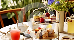 Afternoon tea in the restaurant garden, English tradition and luxury service, tea cups, cakes, scones, sanwiches and desserts,