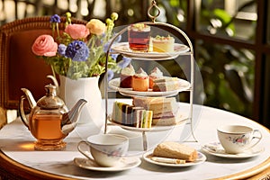 Afternoon tea in the restaurant garden, English tradition and luxury service, tea cups, cakes, scones, sanwiches and desserts,