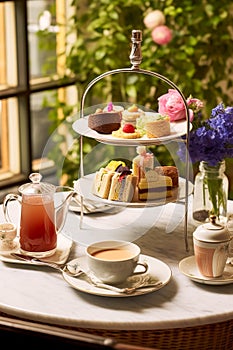 Afternoon tea in the restaurant garden, English tradition and luxury service, tea cups, cakes, scones, sanwiches and desserts,