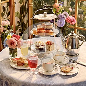 Afternoon tea in the restaurant garden, English tradition and luxury service, tea cups, cakes, scones, sanwiches and desserts,