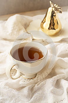 Afternoon tea, white vintage cup, vertical image