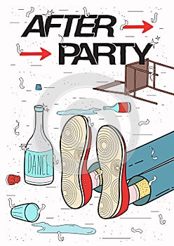 Afterparty placard. Drunk, tired guy asleep, resting of drinking. Funny party poster. Colorful Illustration.