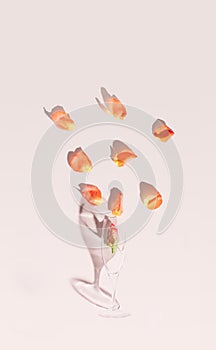 Afterparty with roses inspired concept. Champagne glass with rose bud inside and long sunny shadow with many other rose petals