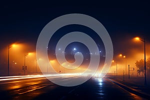 Afterrain mystique city lights, road bridge, moving car in fog