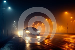 Afterrain mystique city lights, road bridge, moving car in fog