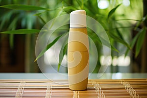 aftersun lotion bottle beside a bamboo plant
