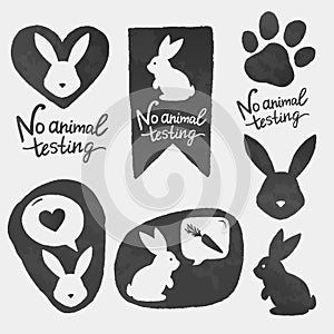 Against animal testing stickers. Cruelty free vector labels. Animal rights design. No animal testing bunny in heart shape.