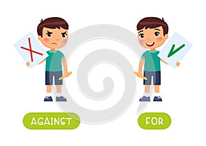 Against and for antonyms word card vector template. Flashcard for english language learning.