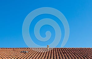 Against backdrop of clear blue sky, a contrasting orange roof made of old tiles