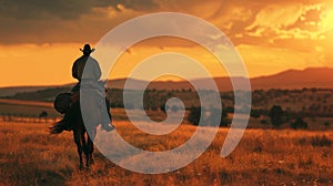 Against the backdrop of a colorful Western sunset a lone figure rides away from a ranch with a pack of supplies sped to photo