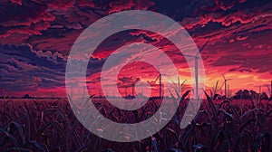 Against the backdrop of a crimson sky rows upon rows of corn stand tall and proud their leaves rustling in the wind. The