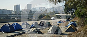 Against a backdrop of downtown high-rises, tents line a freeway, exposing the stark contrast between survival and urban