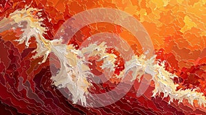 Against a backdrop of fiery reds and oranges jagged lines evoke the intense crash of ocean waves against the shore. photo