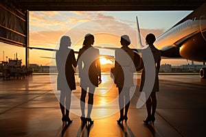 Against a backdrop of a passenger aircraft, four lovely stewardesses stand in hangar sunset