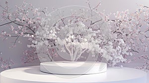 Against the backdrop of a picturesque fullblown cherry blossom tree the white podium stands as a symbol of beauty and