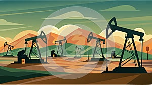 Against a backdrop of rolling hills a network of shiny oil pump jacks stand tall like metallic soldiers silently ing the photo
