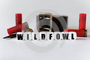 Against the background of cartridges and a military belt, cubes with the inscription - WILDFOWL