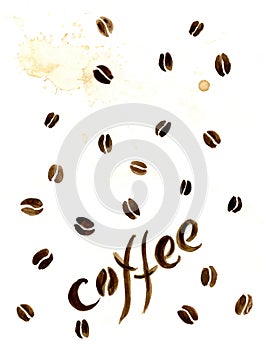 Against the background of coffee beans the inscription is `coffee`. Watercolor
