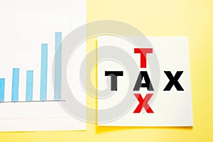 Against the background of the diagram  the word on paper - Tax