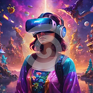 Against the background of a fantastic game world, a girl in a VR headset with a backpack and jacket