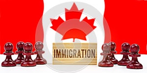 Against the background of the flag of Canada, pawns and a sign with the inscription - immigration