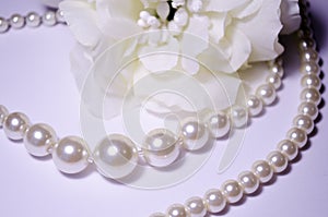 Against the background of a flower. White pearl jewelry. Luxury jewelry for women and girls. Pearl necklace. Artificial pearls