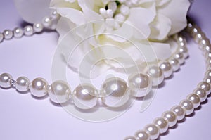 Against the background of a flower. White pearl jewelry. Luxury jewelry for women and girls. Pearl necklace. Artificial pearls