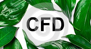 Against the background of green natural leaves, a white card with the text CFD Contract for Difference